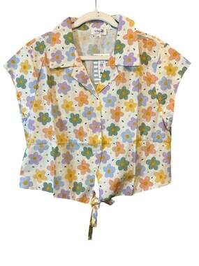 Tulip Bee Women's Floral Print Short Sleeve Button Down Cropped Tie-Front Shirt